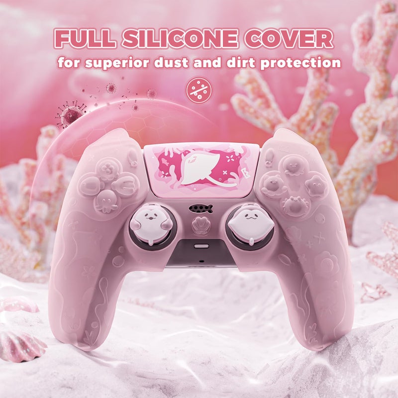 PlayVital for PS5 Controller Cover Skin - Cute Ocean Whisper Series Semi-Clear Silicone Case for PS5 Controller with Thumb Grip & Sticker, Charging Station Compatible, Full Protection - Peach Pink - Image 4
