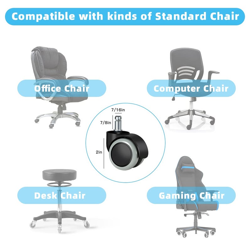 Omyoffice Office Chair Caster Wheels Replacement(Set of 5) for Hardwood Floors and Carpet- Heavy Duty Caster Support up to 1000bls, Office Rubber Chair Wheels,2 inch,Universal Size (Grey) - Image 5