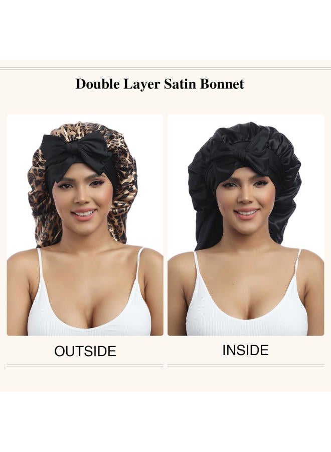 AWAYTR Long Satin Bonnet for Women - Double Layer Elastic Silk Bonnet for Braids Hair Sleeping Cap with Tie Band (Leopard) - Image 4
