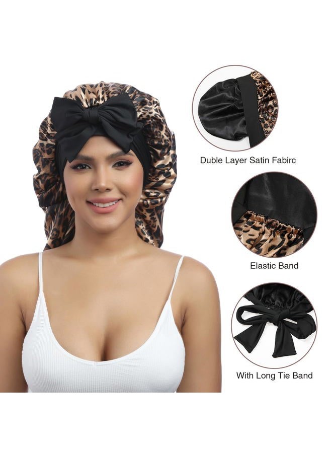 AWAYTR Long Satin Bonnet for Women - Double Layer Elastic Silk Bonnet for Braids Hair Sleeping Cap with Tie Band (Leopard) - Image 3