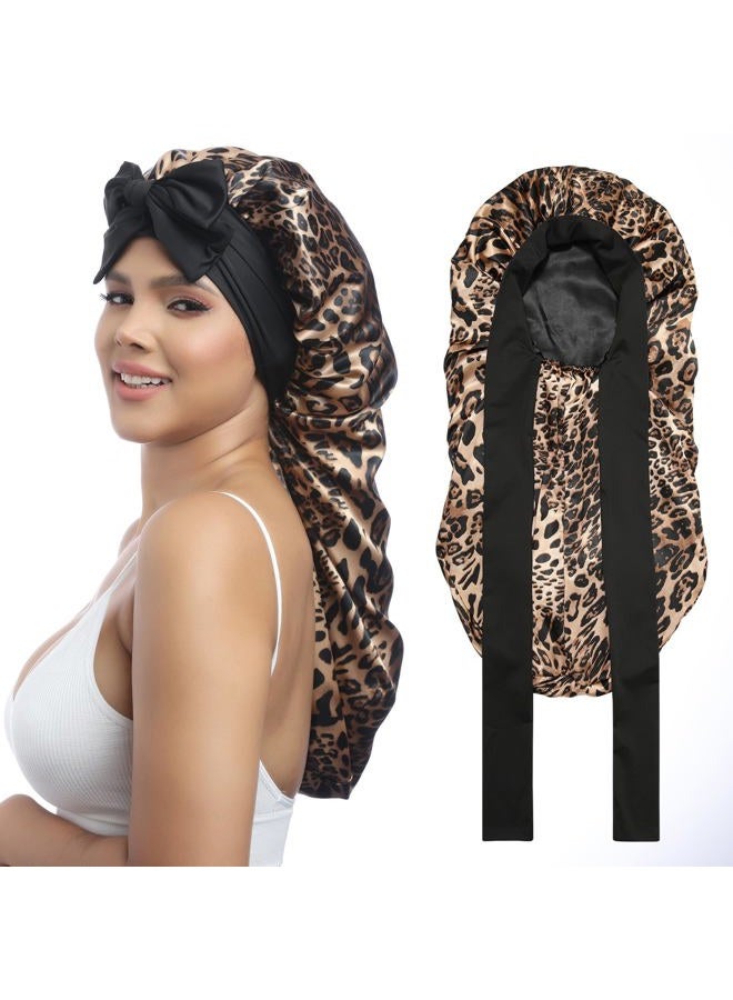 AWAYTR Long Satin Bonnet for Women - Double Layer Elastic Silk Bonnet for Braids Hair Sleeping Cap with Tie Band (Leopard) - Image 1