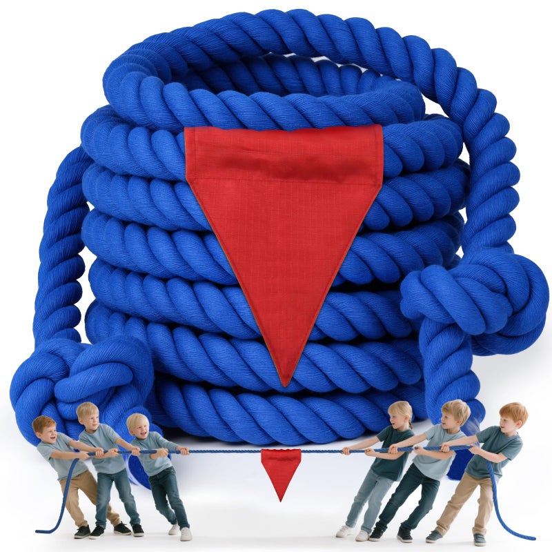 X XBEN Tug of a War Rope for Kids and Adult, 25FT Tag o War Ropes with Flag for Outdoor, Outside Carnival, Lawn, Field, Team Building Game, Safety Cord for School and Church, Blue - Image 1