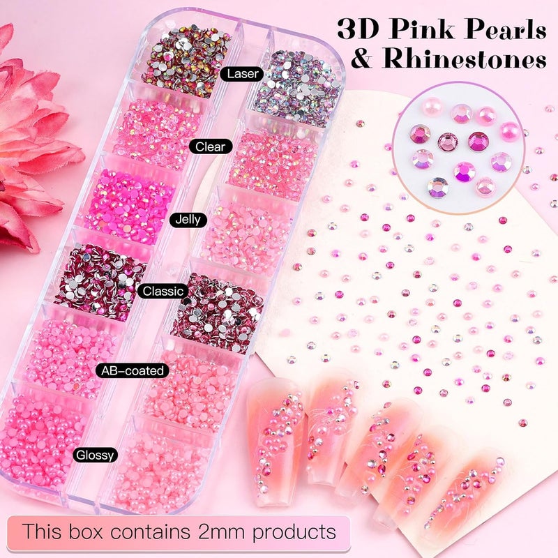 اوميلارز 6 علب من اللؤلؤ وأحجار الزينة ذات التصميم المسطح للاستخدام في الحرف اليدوية، بأحجام 2/3/4/5/6 مم؛ تحتوي على أحجار زينة لزجة وردية شفافة بتقنية AB، ولؤلؤ نصفي مصنوع من الراتنج، بالإضافة إلى خرز كريستالي غير منتظم، مع ملقط لتزيين الأظافر وصنع قطع ديكورية. - Image 2