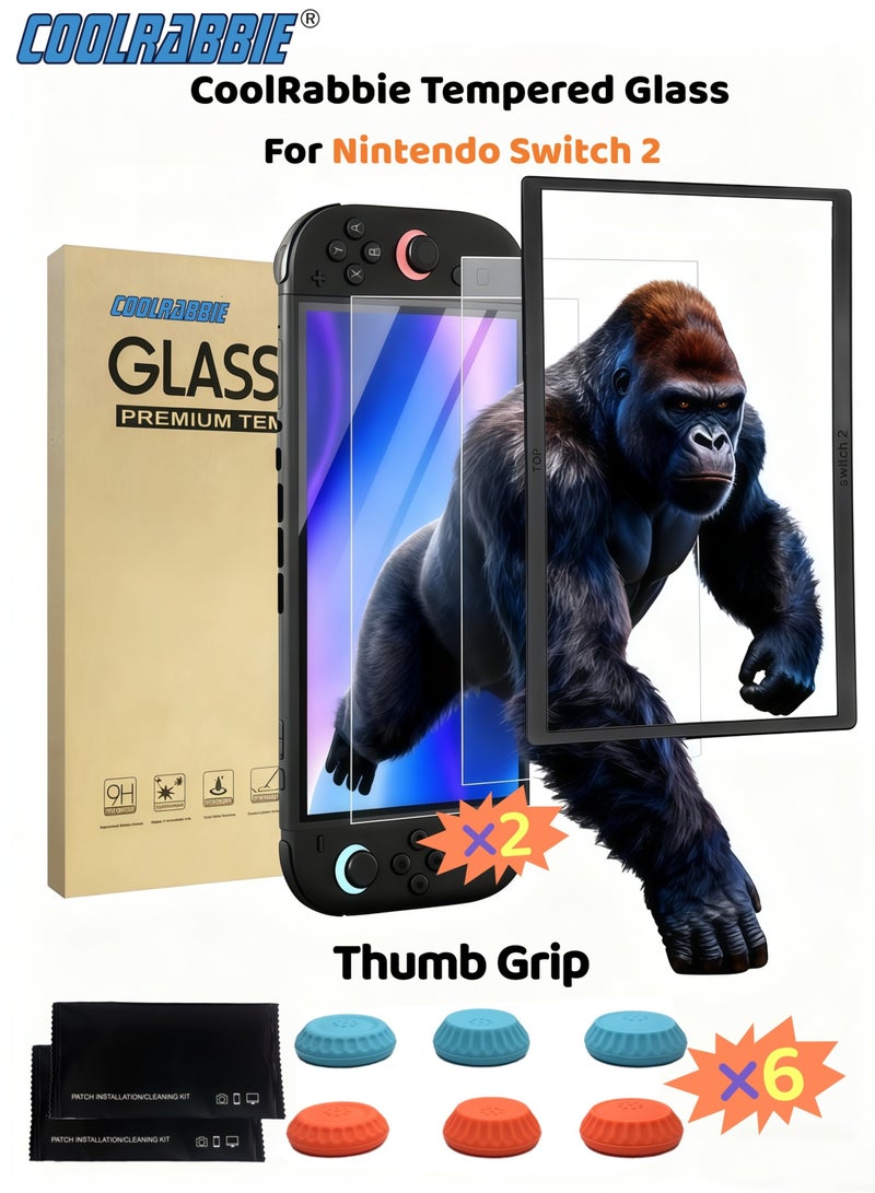 CoolRabbie 2-Pack Tempered Glass Screen Protector for Nintendo Switch 2, 9H Glass Switch2 Screen Protector,Dust Free,Bubble-Free,Ultra-Clear,With 6 Pcs Thumb Grip Caps for Joy-Con 2 Controllers,Blue*Orange,3 Pairs(6pcs) - Image 1
