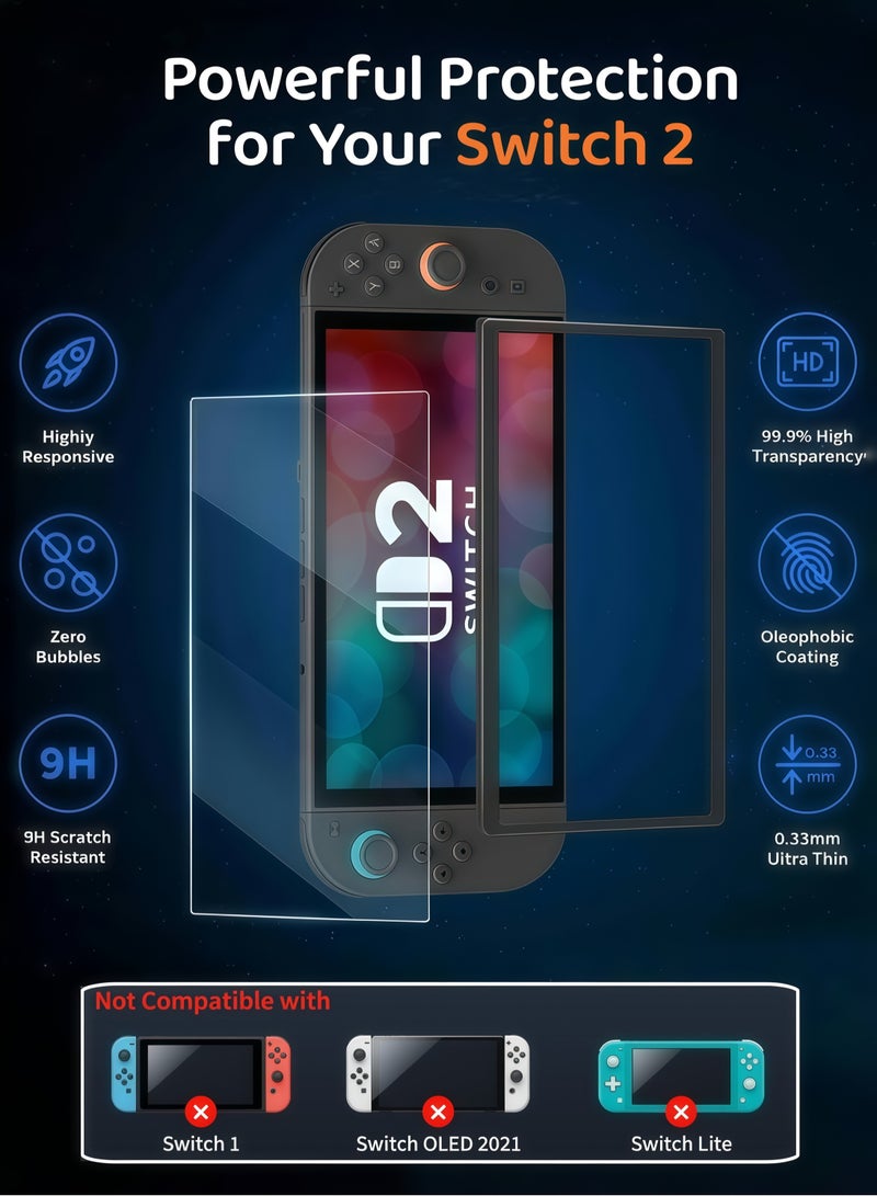 CoolRabbie 2-Pack Tempered Glass Screen Protector for Nintendo Switch 2, 9H Glass Switch2 Screen Protector,Dust Free,Bubble-Free,Ultra-Clear,With 6 Pcs Thumb Grip Caps for Joy-Con 2 Controllers,Blue*Orange,3 Pairs(6pcs) - Image 2