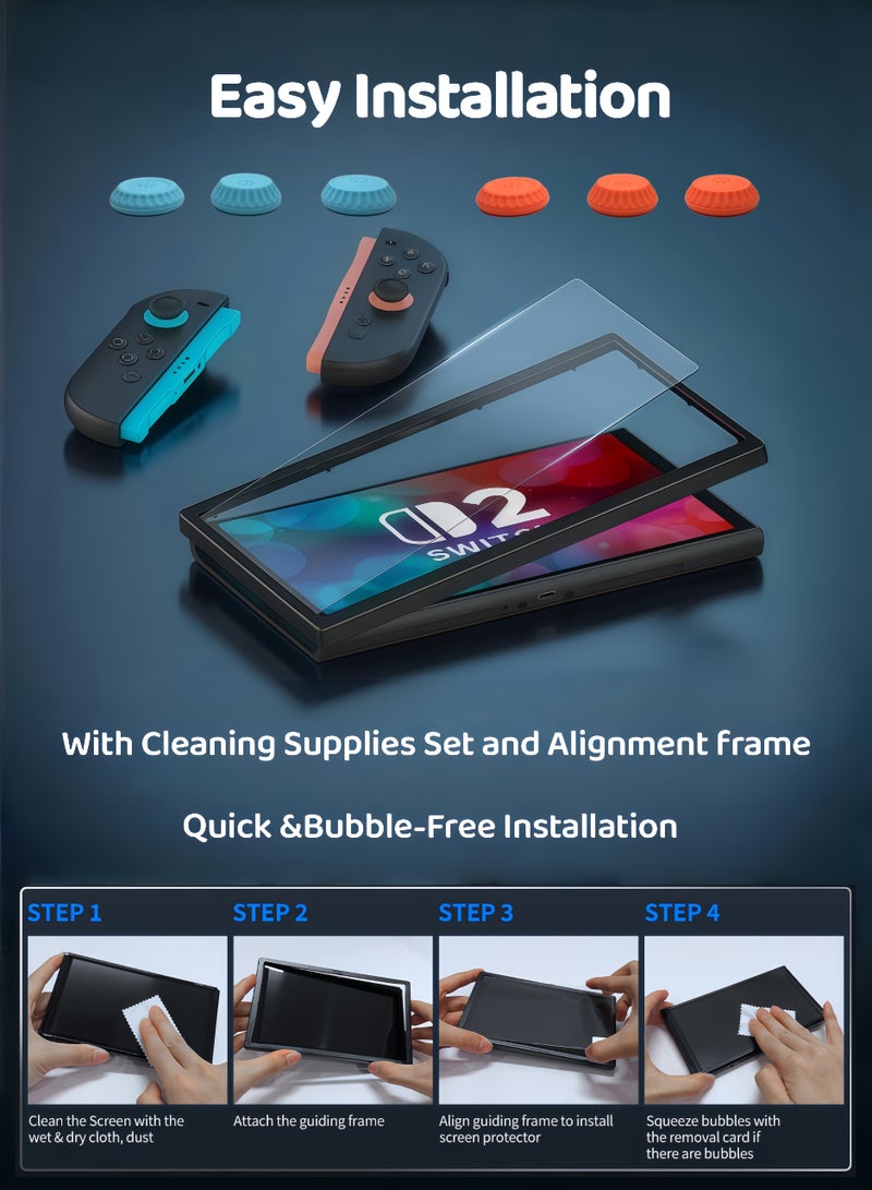 CoolRabbie 2-Pack Tempered Glass Screen Protector for Nintendo Switch 2, 9H Glass Switch2 Screen Protector,Dust Free,Bubble-Free,Ultra-Clear,With 6 Pcs Thumb Grip Caps for Joy-Con 2 Controllers,Blue*Orange,3 Pairs(6pcs) - Image 3
