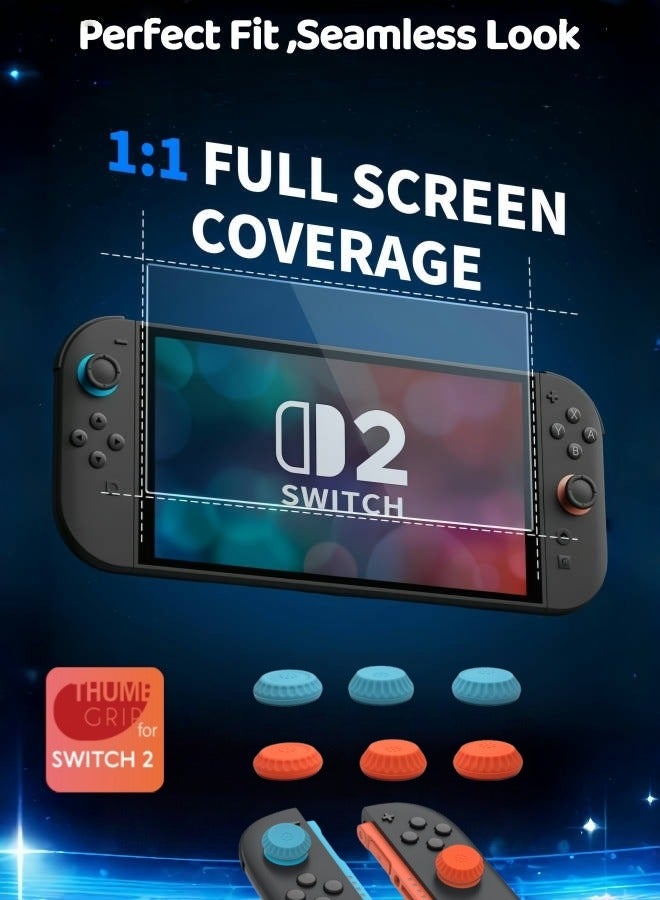 CoolRabbie 2-Pack Tempered Glass Screen Protector for Nintendo Switch 2, 9H Glass Switch2 Screen Protector,Dust Free,Bubble-Free,Ultra-Clear,With 6 Pcs Thumb Grip Caps for Joy-Con 2 Controllers,Blue*Orange,3 Pairs(6pcs) - Image 4