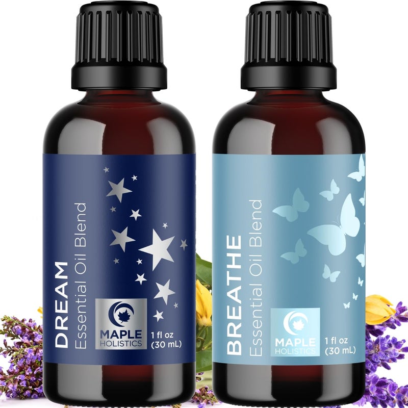 Maple Holistics خليط زيوت عطرية للعلاج بالروائح - مجموعة زيوت عطرية للناشرات مع خليط زيت الأحلام وخليط زيت التنفس - زيوت عطرية نقية 100% يجب أن تتوفر - 1 أونصة سائلة لكل منها - Image 1