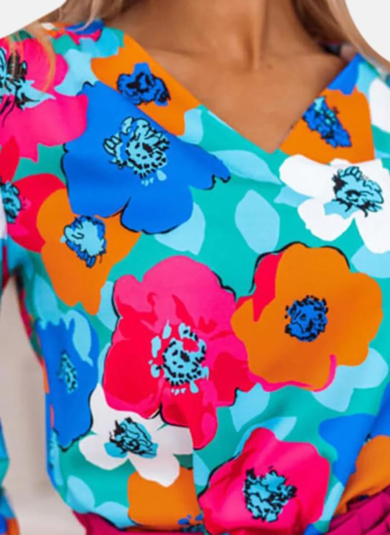 يونيكي Blue Floral Long Sleeve V Neck Tunics