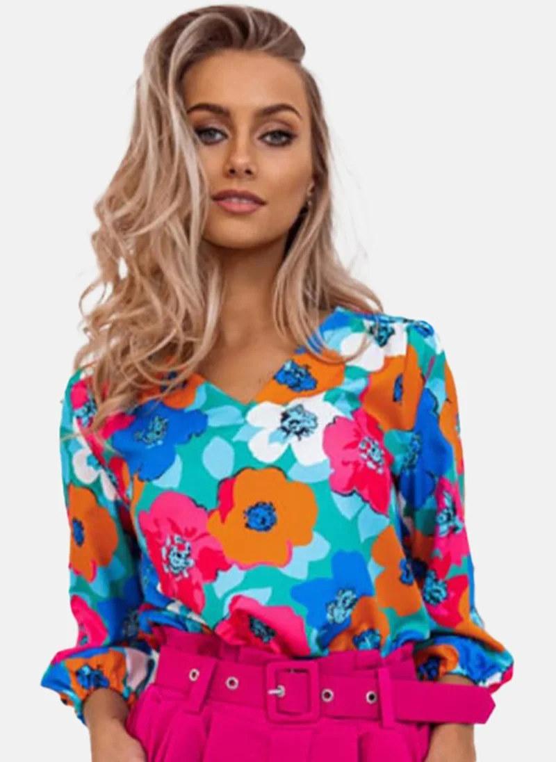 يونيكي Blue Floral Long Sleeve V Neck Tunics