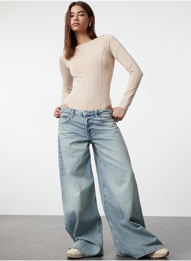 trendyol Stone Fitted Boat Neck Piping Detailed Flexible Snap Fasten Knitted Body TWOAW25BD00002  - Image 2