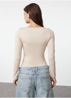 trendyol Stone Fitted Boat Neck Piping Detailed Flexible Snap Fasten Knitted Body TWOAW25BD00002  - Image 5