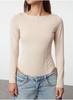 trendyol Stone Fitted Boat Neck Piping Detailed Flexible Snap Fasten Knitted Body TWOAW25BD00002  - Image 3