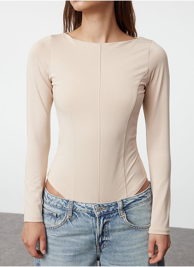 trendyol Stone Fitted Boat Neck Piping Detailed Flexible Snap Fasten Knitted Body TWOAW25BD00002  - Image 3