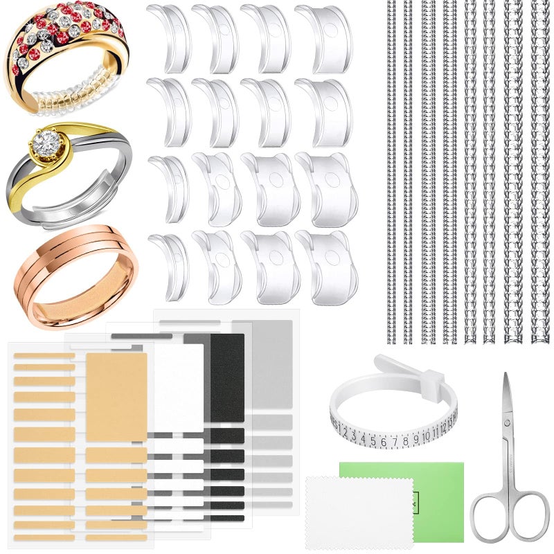 Mckanti 100 Pcs Ring Sizer Adjuster for Loose Rings with Ring Size Measuring Tool, Plug-in Invisible Ring Guards Silicone Tightener EVA Foam Ring Size Adjuster Set with Polishing Cloth - Image 1