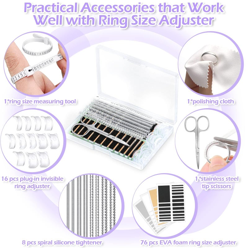 Mckanti 100 Pcs Ring Sizer Adjuster for Loose Rings with Ring Size Measuring Tool, Plug-in Invisible Ring Guards Silicone Tightener EVA Foam Ring Size Adjuster Set with Polishing Cloth - Image 5