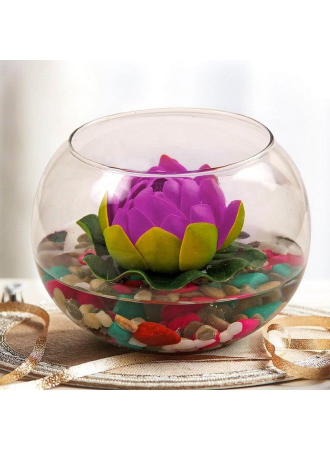 TIED RIBBONS TIED RIBBONS Glass Vase for Decoration Round Glass Vessel with Faux Lotus and Natural Stones Artificial Decorative Flowers with Vase for Home Decor Living Room Bedroom Hall Office  - Image 1