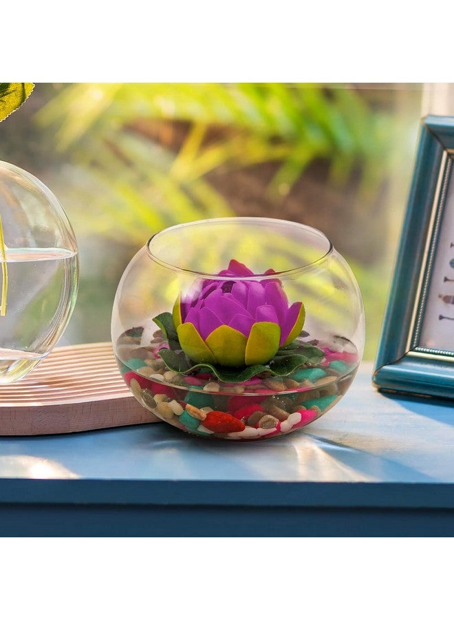 TIED RIBBONS TIED RIBBONS Glass Vase for Decoration Round Glass Vessel with Faux Lotus and Natural Stones Artificial Decorative Flowers with Vase for Home Decor Living Room Bedroom Hall Office  - Image 3