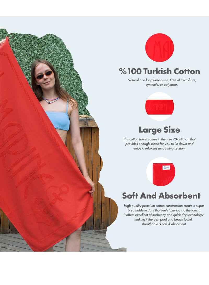 Anemoss Large Size Beach Towel, 100% Turkish Cotton, Anchor Design, Red, High Absorbent, Soft Towel, 70x140cm - Image 3