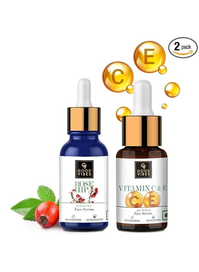 Good Vibes Face Serums Combo Pack of 2 | Rose Hip Radiant Glow Face Serum and Vitamin C & E Age Defying Face Serum (10 ml x 2) | Natural Light Weight Non Greasy Moisturizing Formula For All Skin Types - Image 1