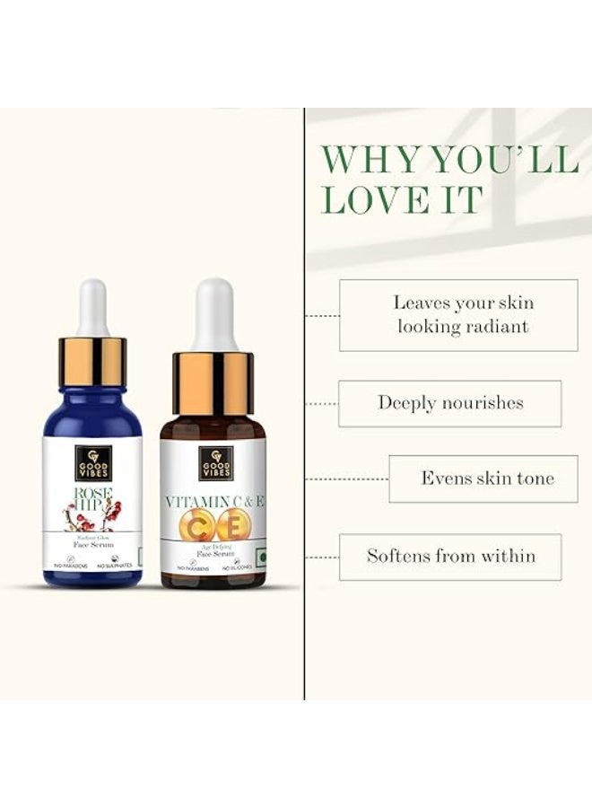 Good Vibes Face Serums Combo Pack of 2 | Rose Hip Radiant Glow Face Serum and Vitamin C & E Age Defying Face Serum (10 ml x 2) | Natural Light Weight Non Greasy Moisturizing Formula For All Skin Types - Image 2