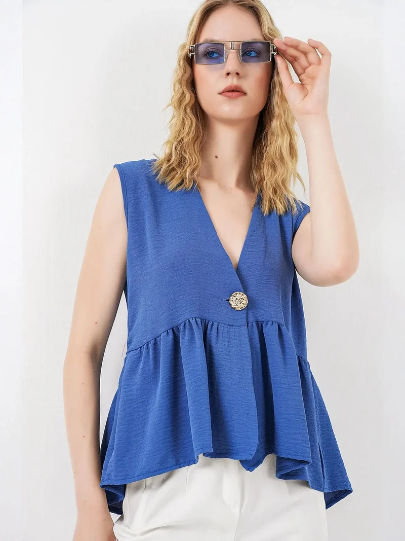 Big Dart Moroccan Blue BDART V-Neck Buttoned Sleeveless Blouse for Women | Best Price UAE