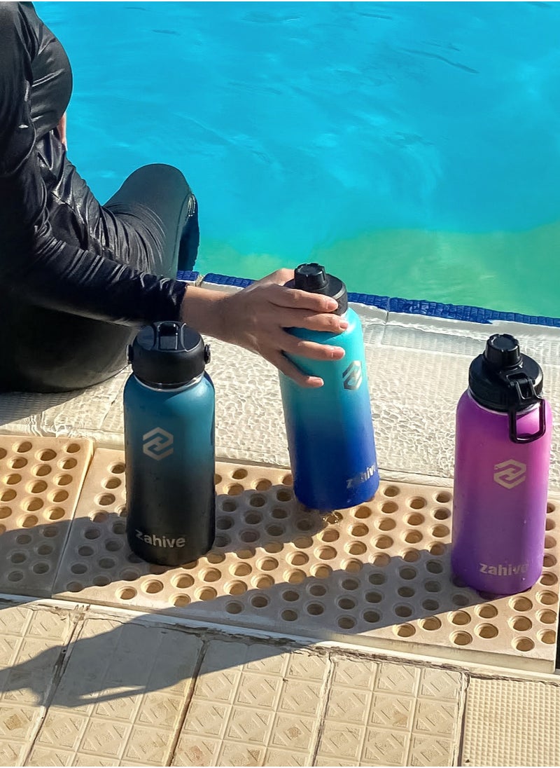 Zahive - Insulated Stainless Steel Water Bottle with Straw with 3 Lids and Bag 1000 ml, Double Wall Thermos for Hot and Cold Drinks for Gym and Work, Wide Mouth, Leak Proof, 1 liter, Blue Black - Image 1