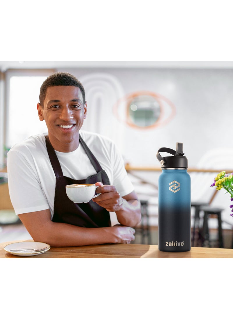 Zahive - Insulated Stainless Steel Water Bottle with Straw with 3 Lids and Bag 1000 ml, Double Wall Thermos for Hot and Cold Drinks for Gym and Work, Wide Mouth, Leak Proof, 1 liter, Blue Black - Image 1