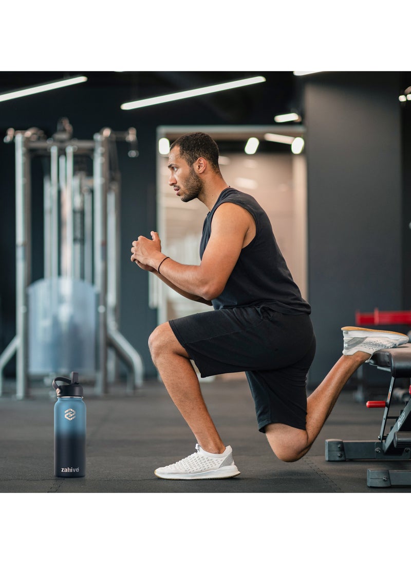 Zahive - Insulated Stainless Steel Water Bottle with Straw with 3 Lids and Bag 1000 ml, Double Wall Thermos for Hot and Cold Drinks for Gym and Work, Wide Mouth, Leak Proof, 1 liter, Blue Black - Image 1