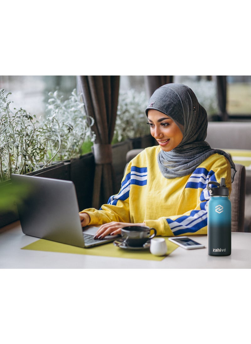 Zahive - Insulated Stainless Steel Water Bottle with Straw with 3 Lids and Bag 1000 ml, Double Wall Thermos for Hot and Cold Drinks for Gym and Work, Wide Mouth, Leak Proof, 1 liter, Blue Black - Image 1