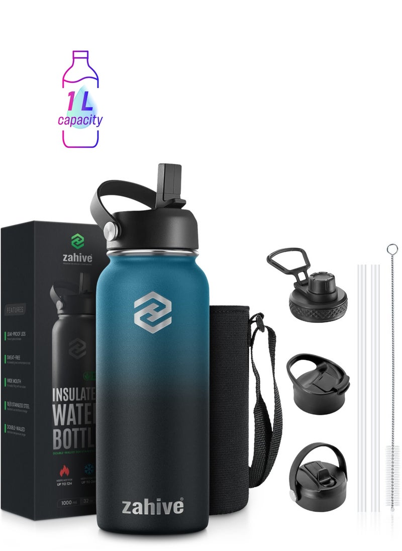 Zahive Insulated Stainless Steel Water Bottle with Straw with 3 Lids and Bag 1000 ml, Double Wall Thermos for Hot and Cold Drinks for Gym and Work, Wide Mouth, Leak Proof, 1 liter, Blue Black  - Image 1