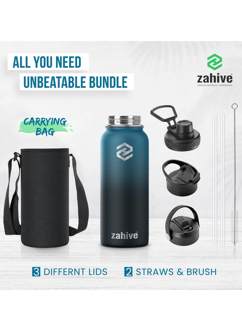 زاهايف زجاجة مياه ستانلس ستيل 1 لتر مع 3 أغطية وحقيبة - زجاجه مياه رياضيه ذات جدار مزدوج 1000 مل - مطارة ماء حافظه للحرارة - زمزميه ماء حافظة للبرودة - قارورة ماء ستيل للماء البارد و الساخن من زاهايف - أسود وأزرق - Image 4