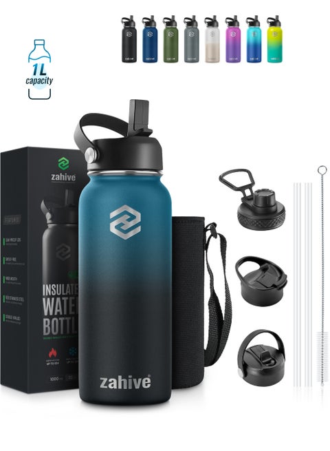 Insulated Stainless Steel Water Bottle with Straw with 3 Lids and Bag 1000 ml, Double Wall Thermos for Hot and Cold Drinks for Gym and Work, Wide Mouth, Leak Proof, 1 liter, Blue Black
