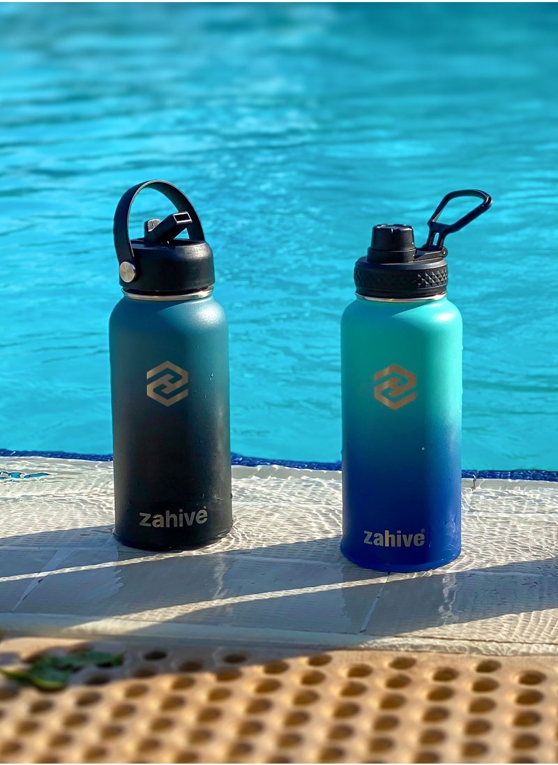Zahive - Insulated Stainless Steel Water Bottle with Straw with 3 Lids and Bag 1000 ml, Double Wall Thermos for Hot and Cold Drinks for Gym and Work, Wide Mouth, Leak Proof, 1 liter, Blue Black - Image 1