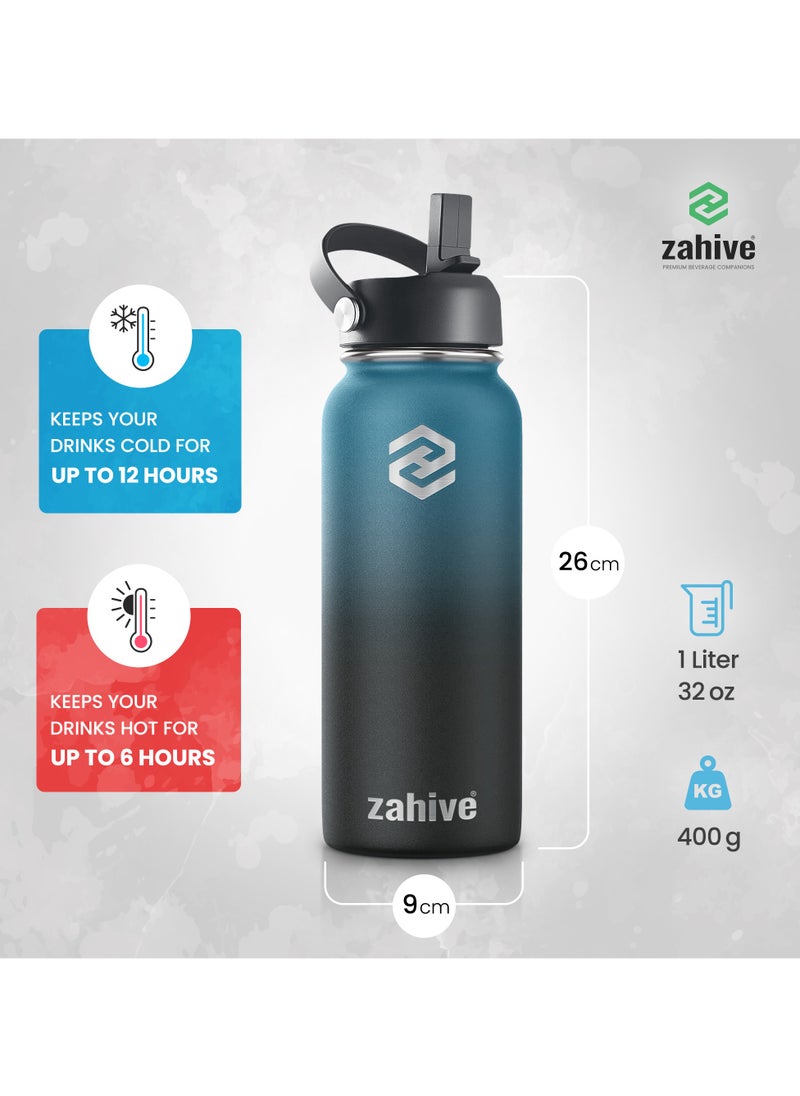 Zahive - Insulated Stainless Steel Water Bottle with Straw with 3 Lids and Bag 1000 ml, Double Wall Thermos for Hot and Cold Drinks for Gym and Work, Wide Mouth, Leak Proof, 1 liter, Blue Black - Image 1