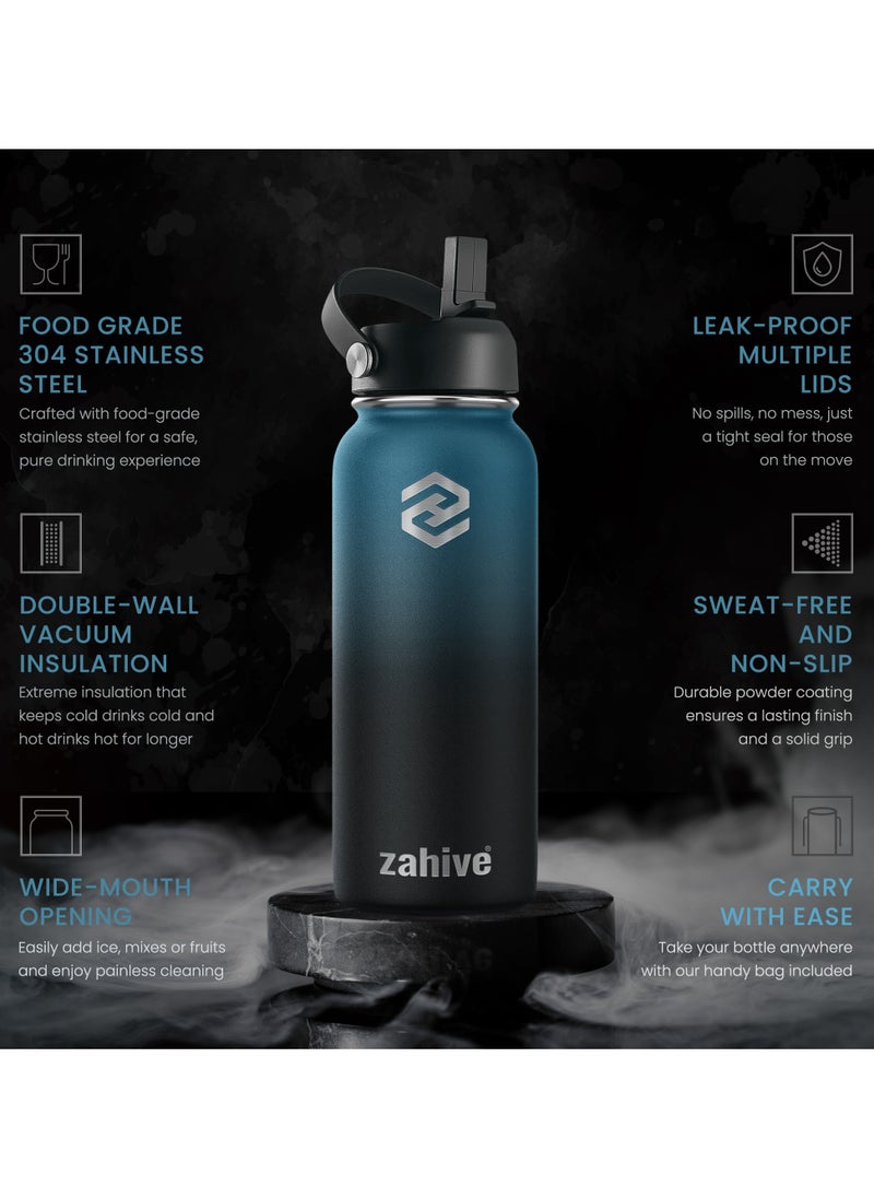 Zahive - Insulated Stainless Steel Water Bottle with Straw with 3 Lids and Bag 1000 ml, Double Wall Thermos for Hot and Cold Drinks for Gym and Work, Wide Mouth, Leak Proof, 1 liter, Blue Black - Image 1