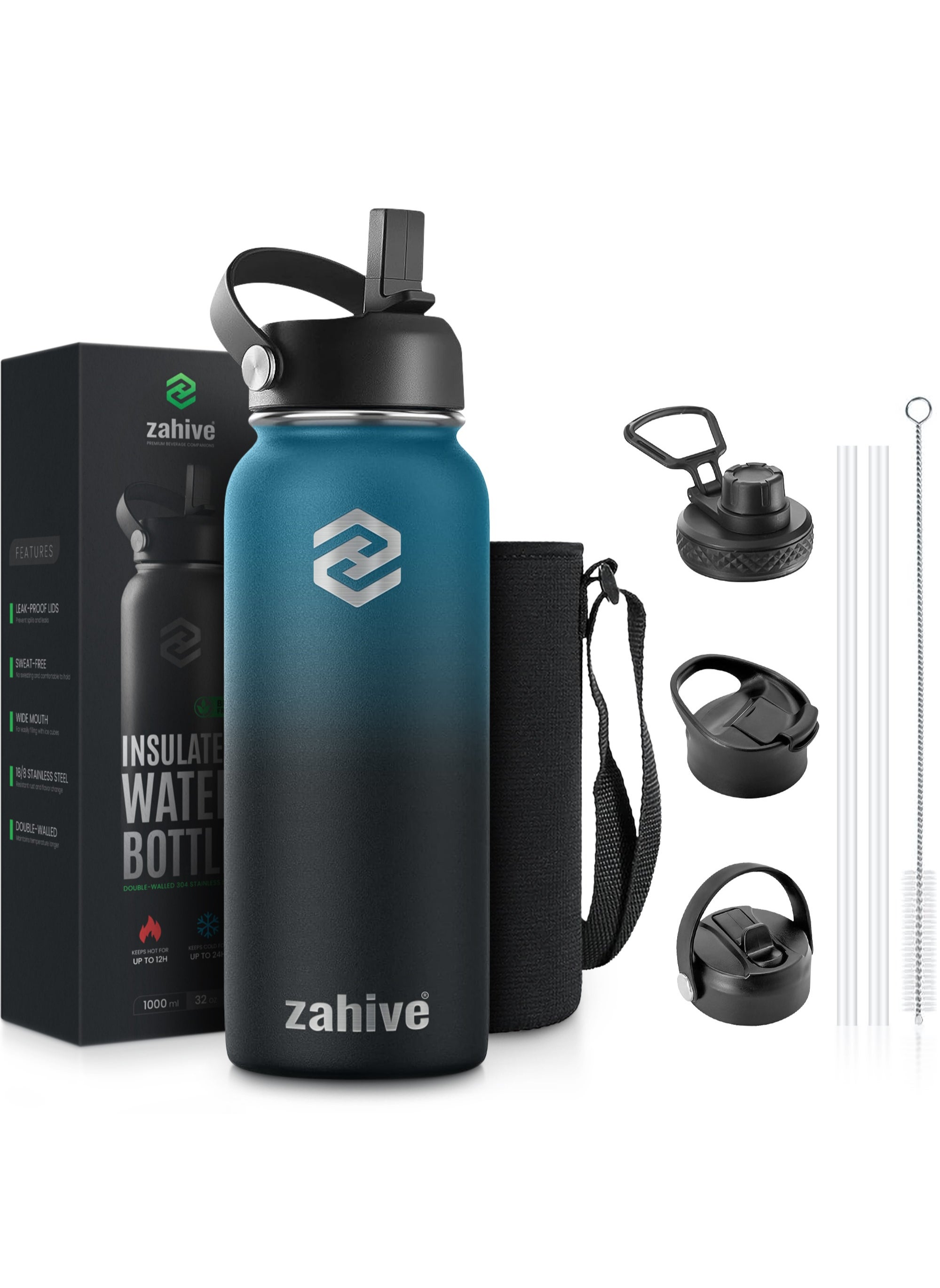 Zahive Insulated Stainless Steel Water Bottle with Straw with 3 Lids and Bag 1000 ml, Double Wall Thermos for Hot and Cold Drinks for Gym and Work, Wide Mouth, Leak Proof, 1 liter, Blue Black 