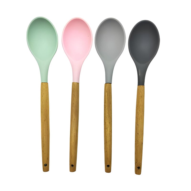 LEMON TREE Silicone Flat Cooking Spoon with Wooden Handle for Cooking and Mixing NonStick Heat Resistant Easy to Clean Kitchen Utensils Set of 4 Dark Grey Green Light Grey Pink - Image 2