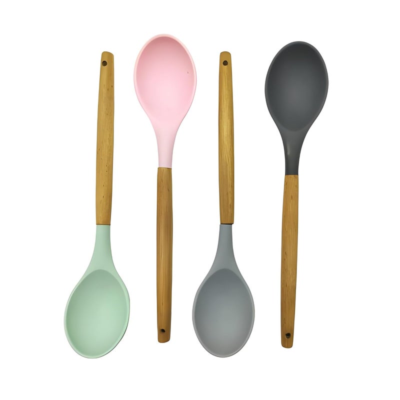 LEMON TREE Silicone Flat Cooking Spoon with Wooden Handle for Cooking and Mixing NonStick Heat Resistant Easy to Clean Kitchen Utensils Set of 4 Dark Grey Green Light Grey Pink - Image 1