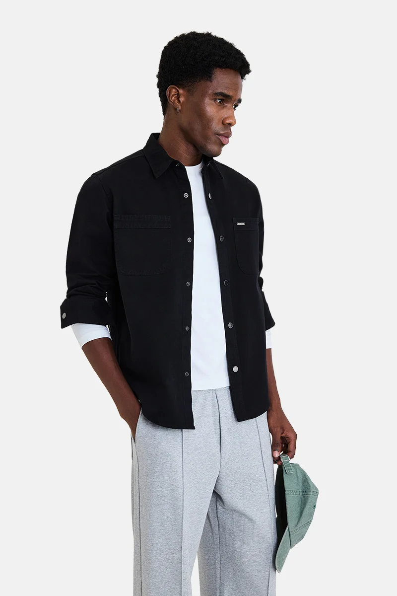 SNITCH Black Solid Long Sleeve Oversized Overshirt