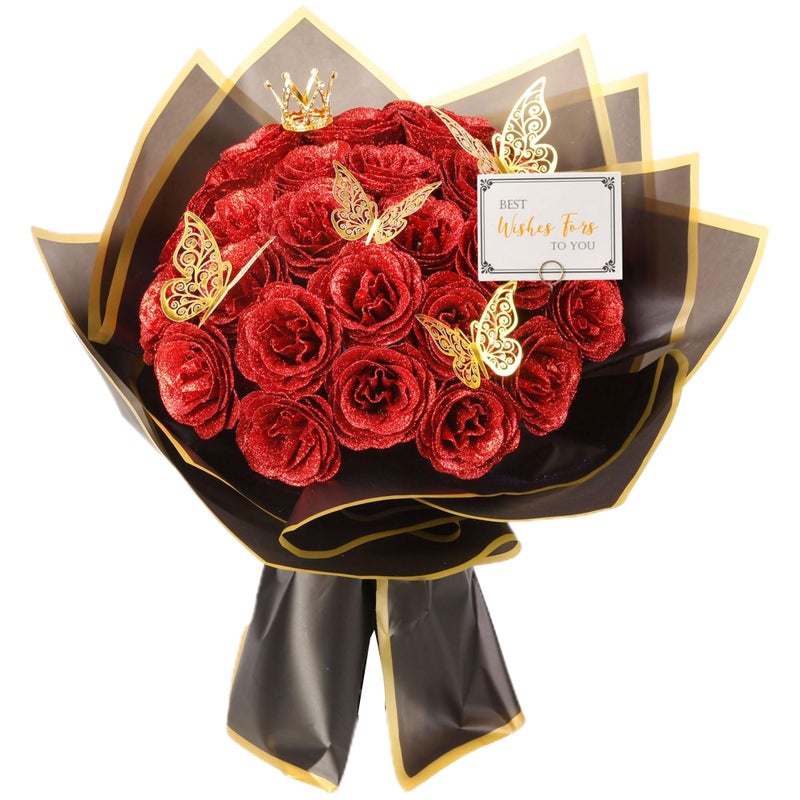 Red Glitter Roses Bouquet 30 Pcs DIY Fake Flowers Bouquet Everlasting Shiny Artificial Rose Bouquet for Valentines Day Anniversary Engagement Wedding