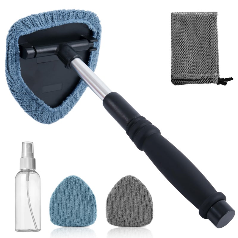 Polyte Pivoting Windshield Glass Cleaning Tool Extendable Aluminum Handle w3 Premium Microfiber Covers Spray Bottle Mesh Bag Triangle Shaped Plate - Image 3