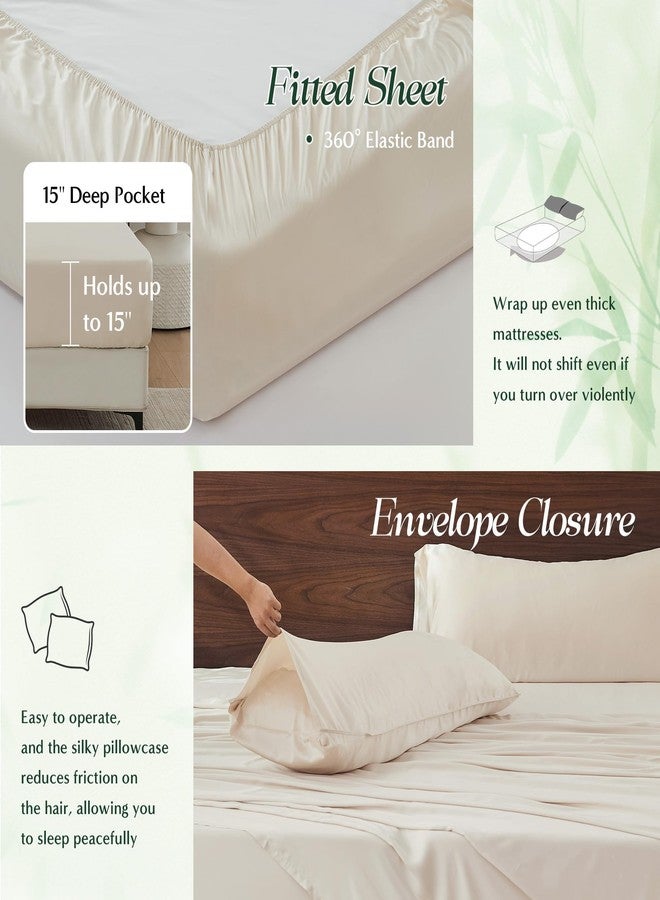 سيمبل آند أوبيولنس طقم ملاءات سرير Simple&Opulence من 4 قطع مصنوع من الفسكوز بنسبة 100%، طقم مفروشات تبريد يسمح بمرور الهواء مع جيوب عميقة 15 بوصة، فاخر فائق النعومة لمن يعانون من الحرارة أثناء النوم (بيج، كامل) - Image 4