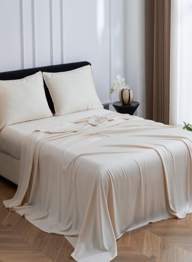 سيمبل آند أوبيولنس طقم ملاءات سرير Simple&Opulence من 4 قطع مصنوع من الفسكوز بنسبة 100%، طقم مفروشات تبريد يسمح بمرور الهواء مع جيوب عميقة 15 بوصة، فاخر فائق النعومة لمن يعانون من الحرارة أثناء النوم (بيج، كامل) - Image 1