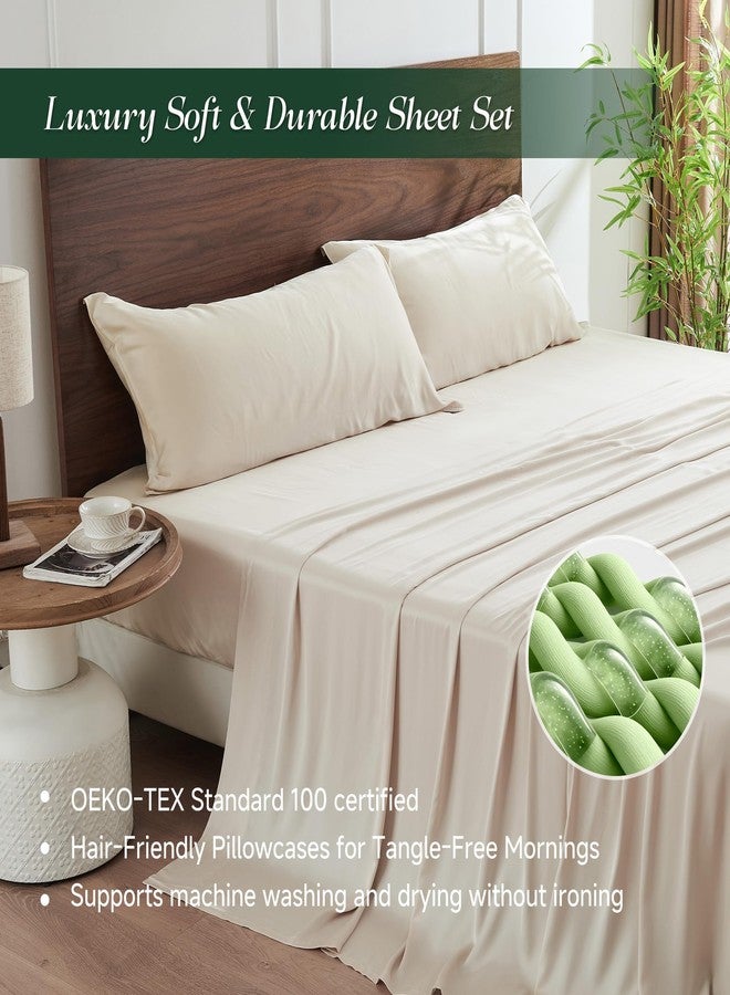 سيمبل آند أوبيولنس طقم ملاءات سرير Simple&Opulence من 4 قطع مصنوع من الفسكوز بنسبة 100%، طقم مفروشات تبريد يسمح بمرور الهواء مع جيوب عميقة 15 بوصة، فاخر فائق النعومة لمن يعانون من الحرارة أثناء النوم (بيج، كامل) - Image 2