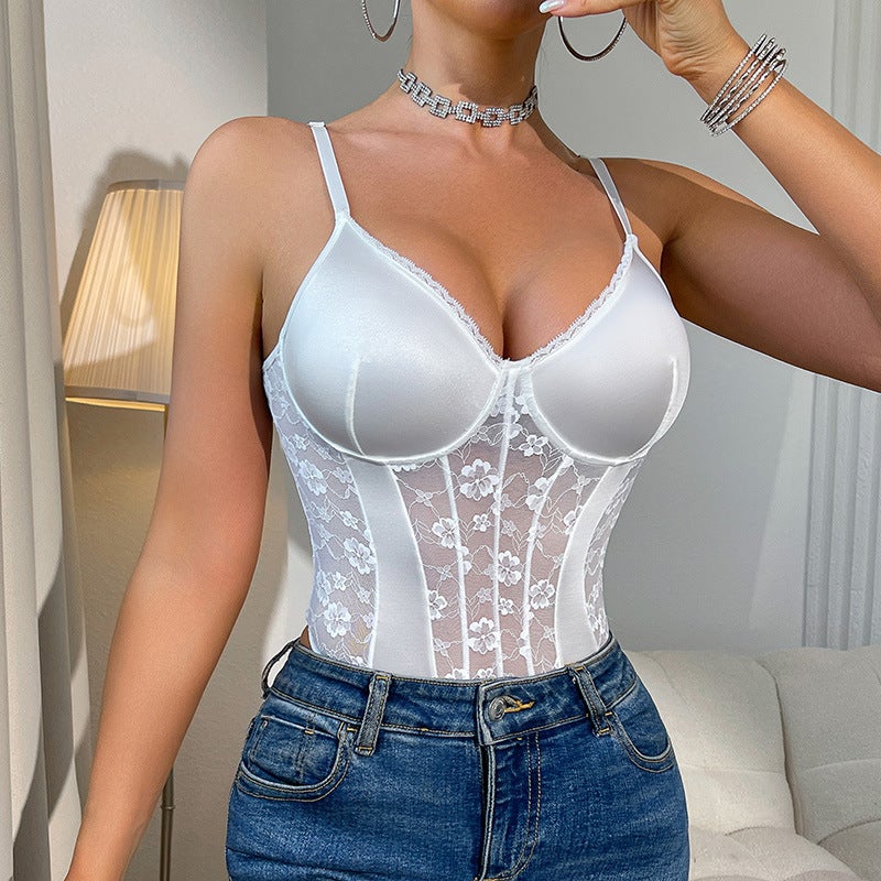 التجارة الخارجية عبر الحدود والشبكة العميقة V-Neck Strapless Bodysuit Hollow-Out النقي البائع الدانتيل الأبيض - Image 3