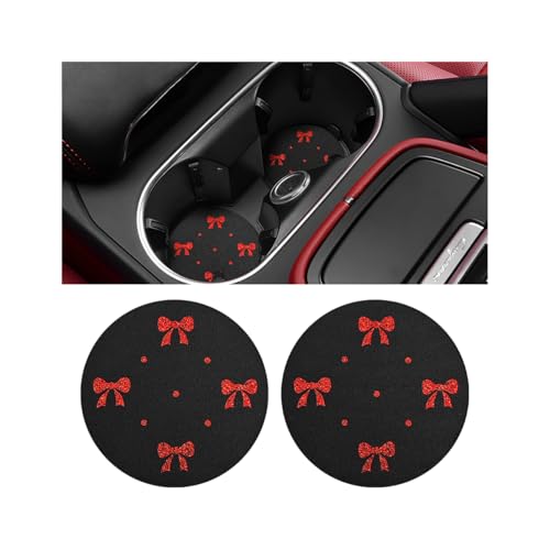 KHGUZ Bling Car Coasters 2PCS Rhinestone Bow AntiSlip Vehicle Cup Holder Pad Diamond SpillProof Automotive Insert Water Bottle Protective Mat Accessories Universal Fit Red - Image 1