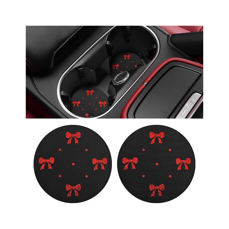 KHGUZ Bling Car Coasters 2PCS Rhinestone Bow AntiSlip Vehicle Cup Holder Pad Diamond SpillProof Automotive Insert Water Bottle Protective Mat Accessories Universal Fit Red - Image 3