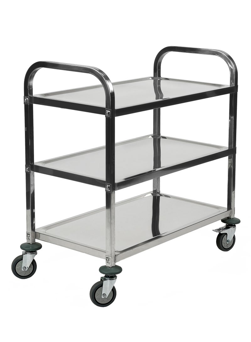 3-Tier Rolling Utility Cart | Service Trolley Suitable For Kitchens, Catering Halls, Food Service, Hotels, & Homes | 360-Degree Rotating Lockable Swivel Wheels | Stainless Steel | Medium - Image 1