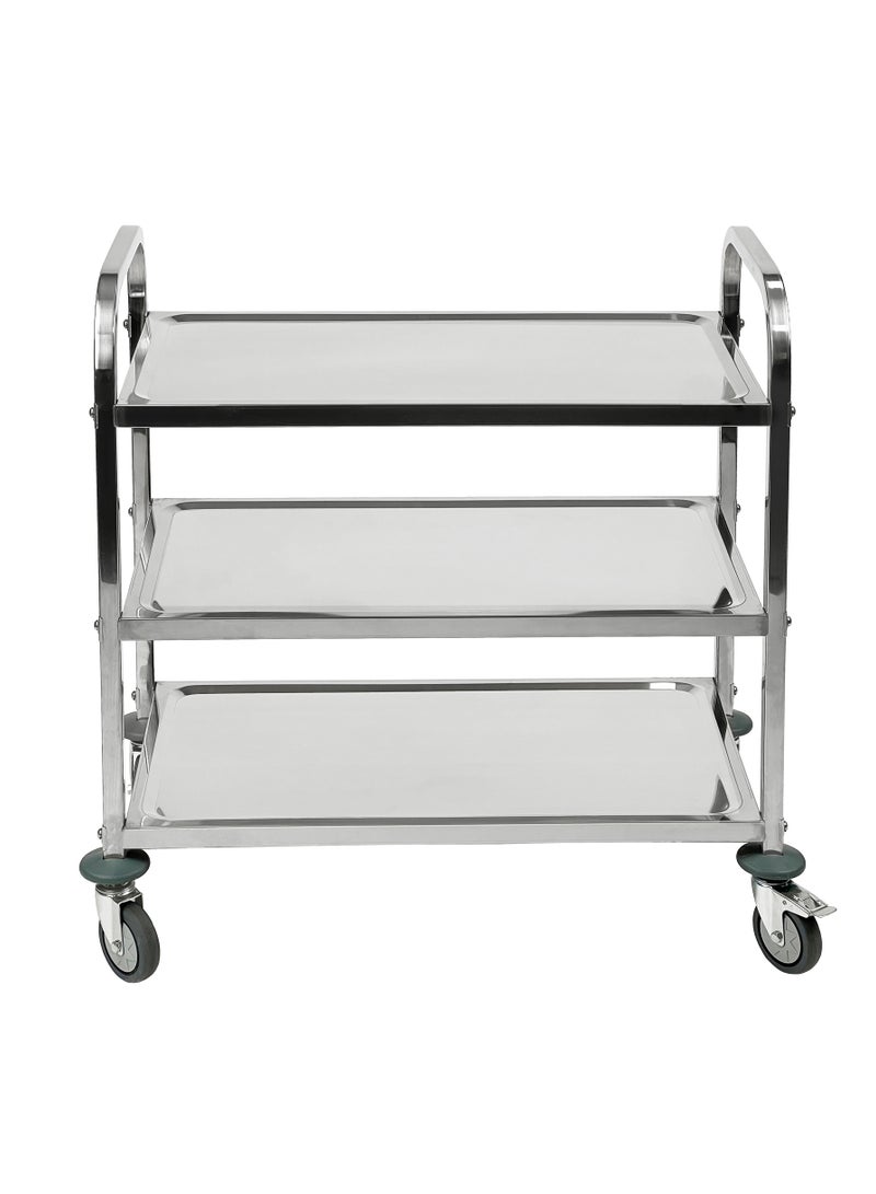 3-Tier Rolling Utility Cart | Service Trolley Suitable For Kitchens, Catering Halls, Food Service, Hotels, & Homes | 360-Degree Rotating Lockable Swivel Wheels | Stainless Steel | Medium - Image 2